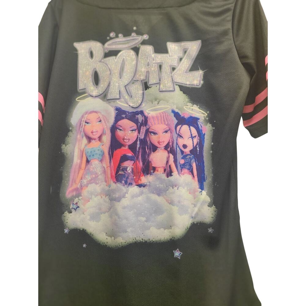 Bratz Baseball Jersey Girls Size M Black Pink Button Up Graphic Shirt Y2K Style